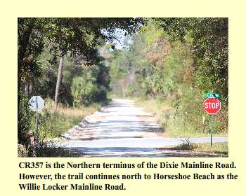 CR357 is the Northern terminus of the Dixie Mainline Road. 
However, the trail continues north to Horseshoe Beach as the 
Willie Locker Mainline Road.