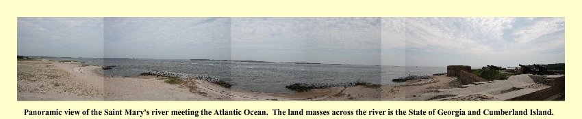 Panoramic view of the Saint Mary's River meeting the Atlantic Ocean.  The land masses across the river is the State of Georgia and Cumberland Island.