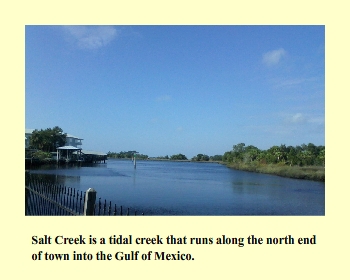 Salt Creek is a tidal creek that runs along the north end 
of town into the Gulf of Mexico.